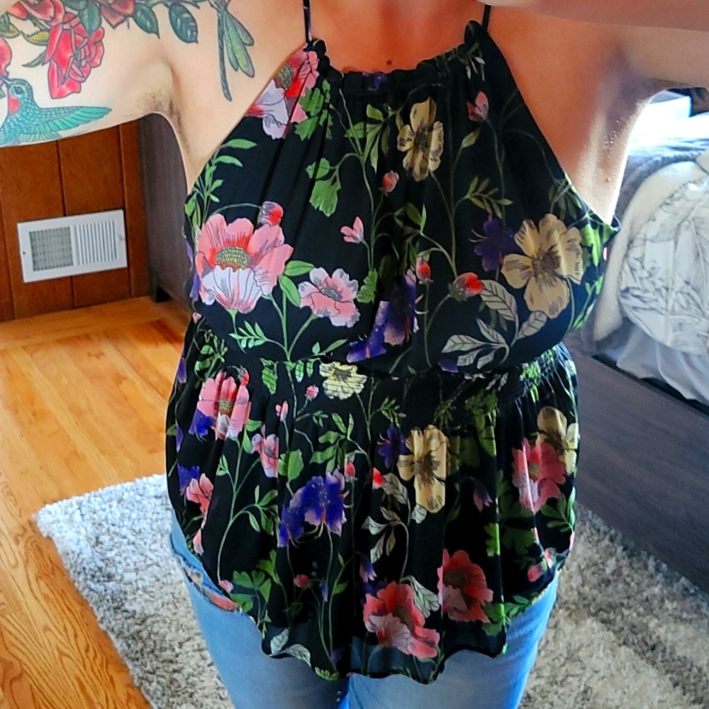 Express floral print peplum halter top, with keyhole back.